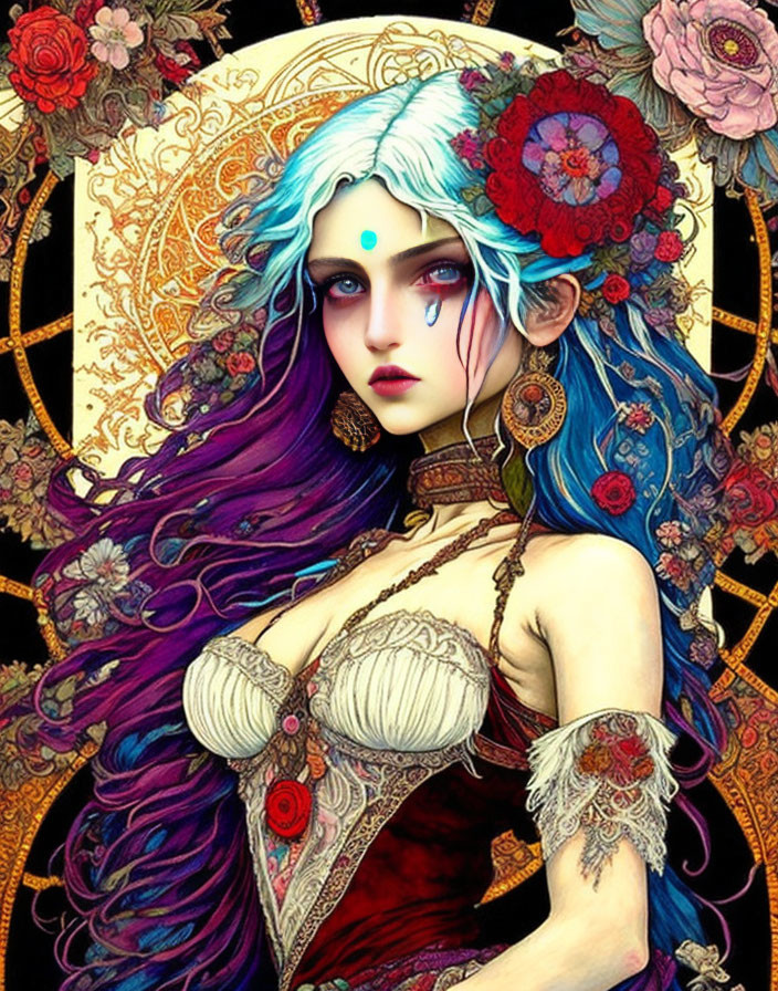 Fantasy woman with blue skin and purple hair in floral headdress on golden mandala.