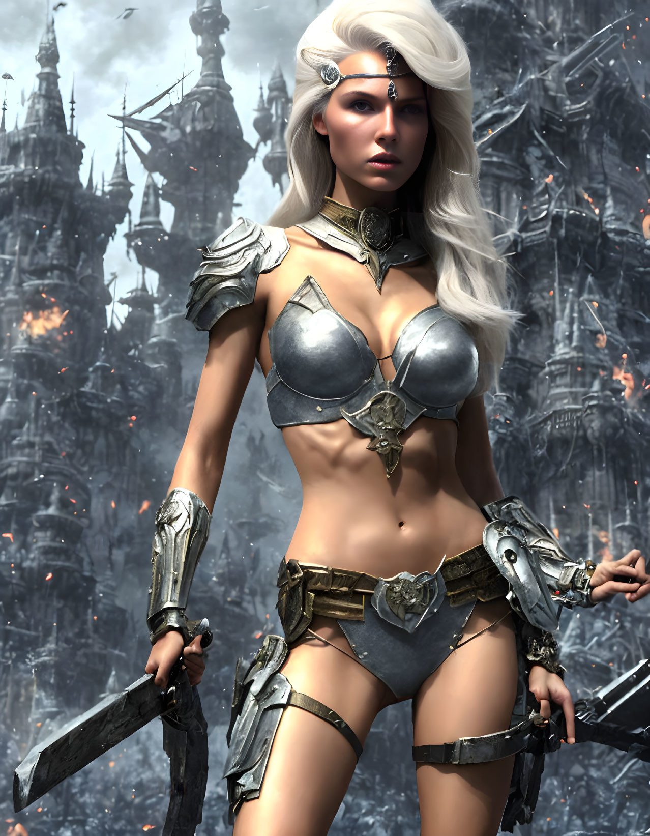 Fantasy female warrior in silver armor with white hair and axe before dark castle