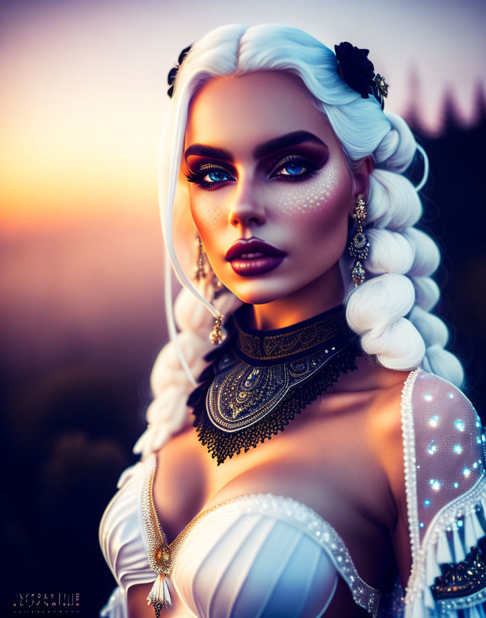 Fantasy-themed portrait of a woman with white braided hair and ornate jewelry against a warm sunset