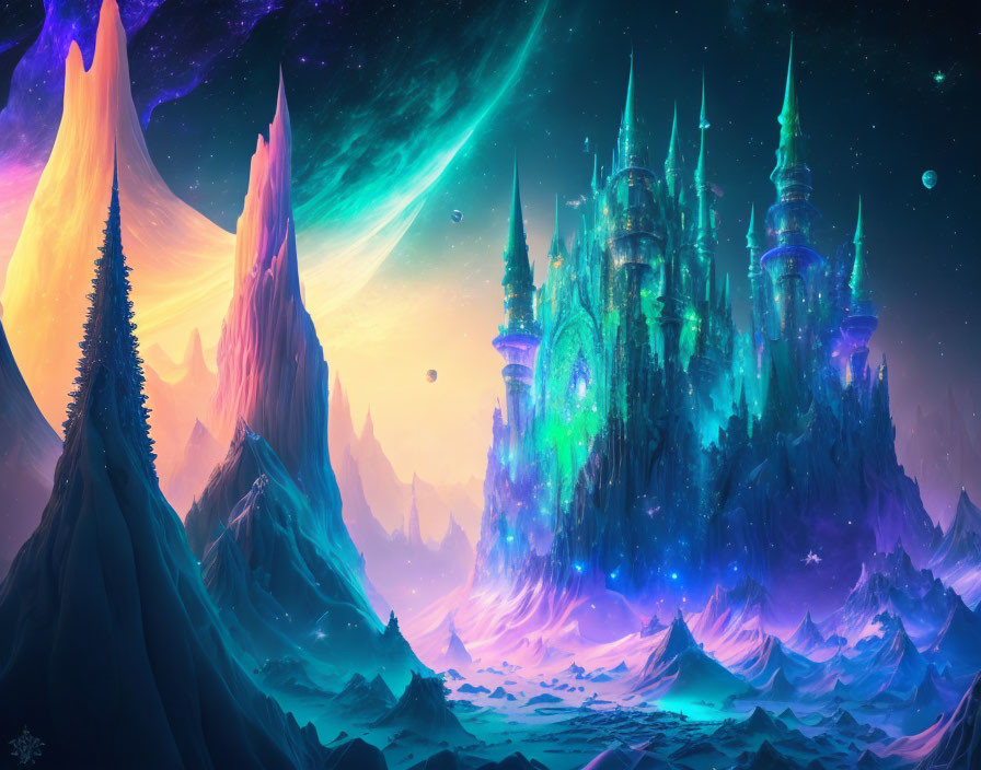 Neon-lit fantasy castle in icy peaks under starry sky