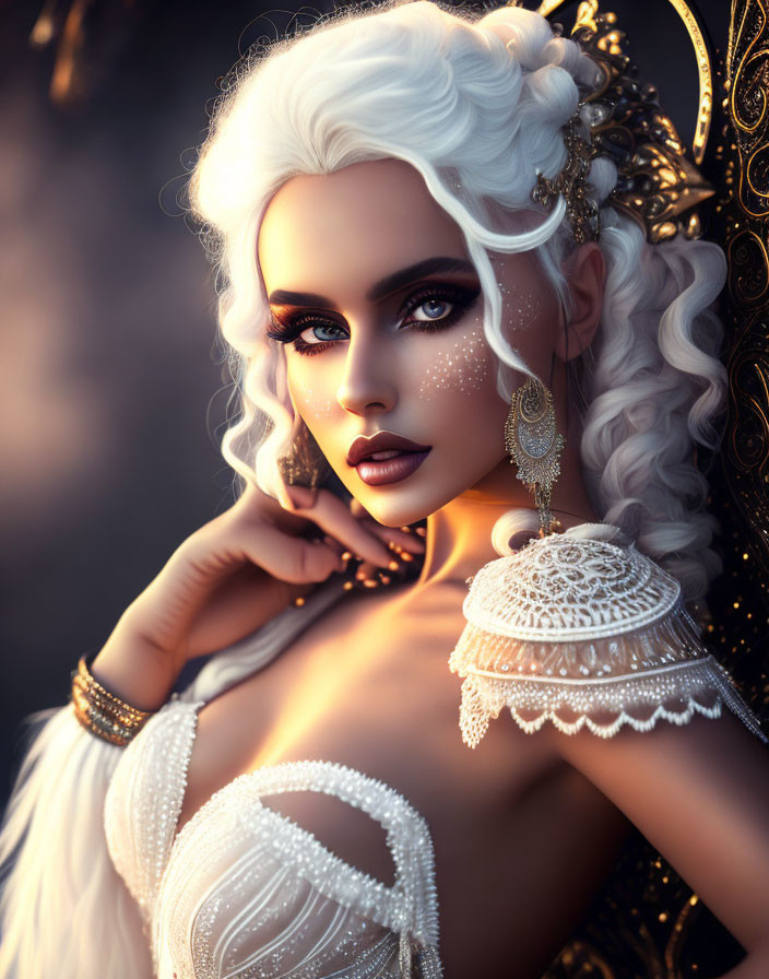 Fantasy digital artwork of elegant female character with pale skin, white hair, and intricate gold attire.