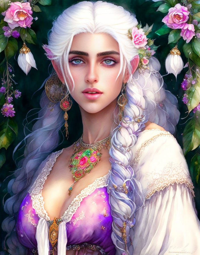 Illustrated Female Character with White Hair and Blue Eyes in Elaborate Gold Jewelry and Purple Dress Among