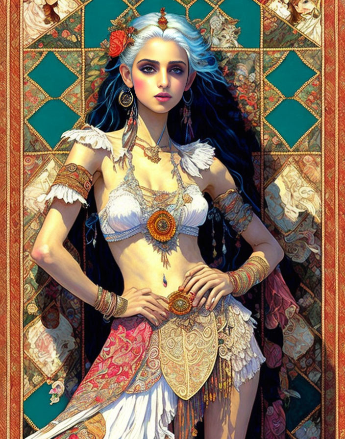 Fantasy female character with silver hair in colorful attire against ornate background