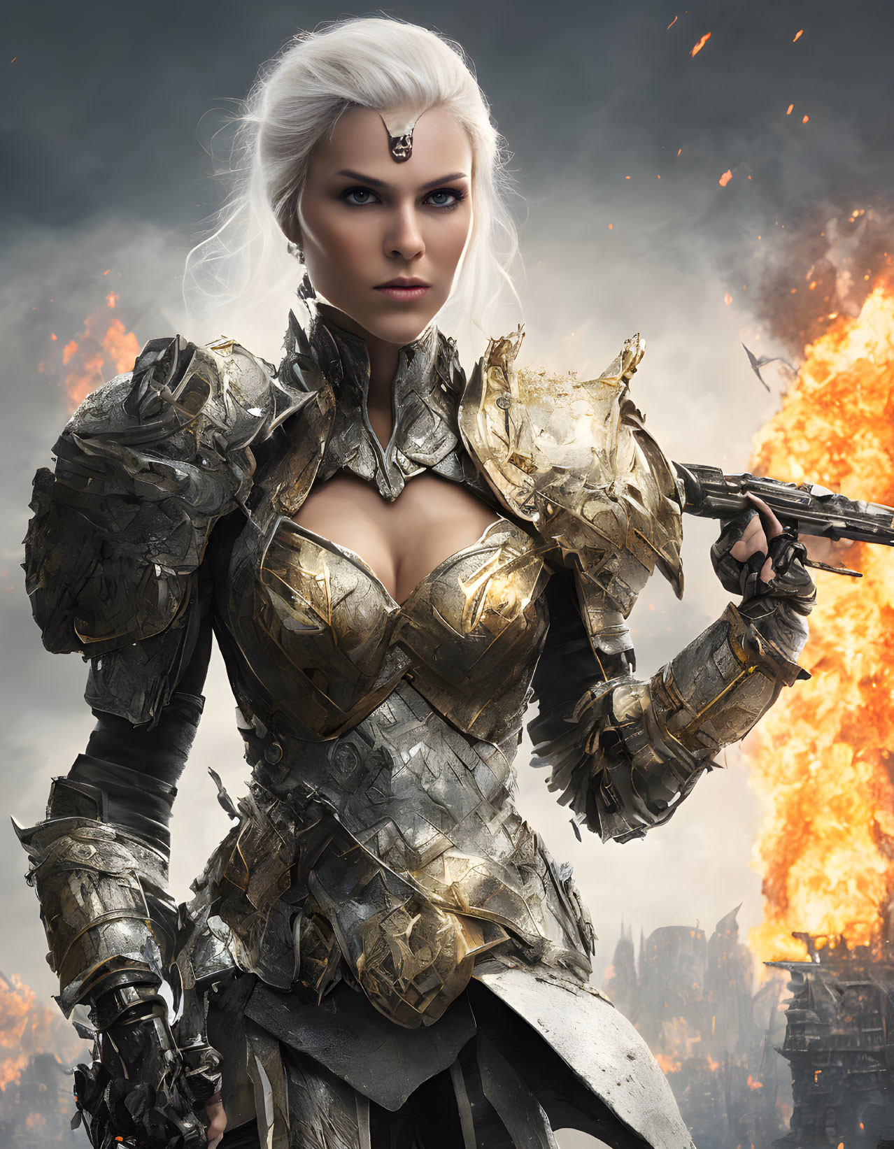 Medieval armor-clad woman with white hair in front of blazing inferno