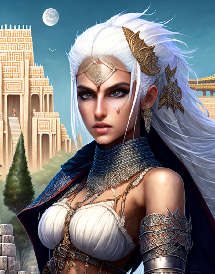 Fantasy digital art: Female elf in ornate armor by moonlit castle