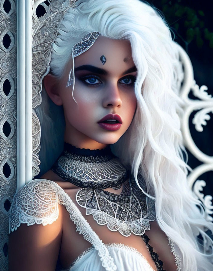 Digital Artwork: Woman with White Hair, Blue Eyes, Lace Tattoos, Silver Jewelry