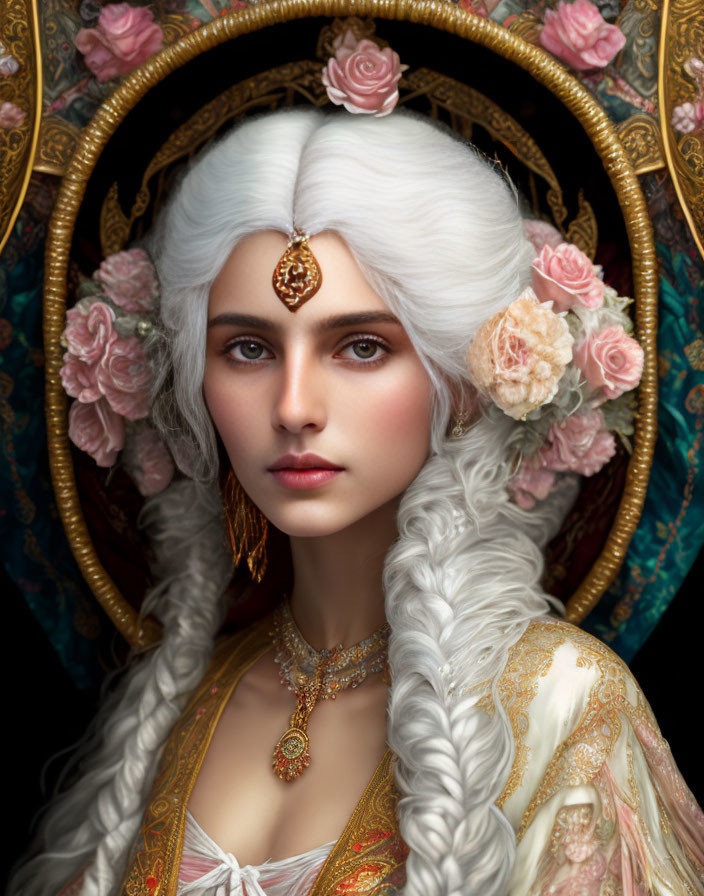 Regal woman with white braided hair in gold headdress and jewelry