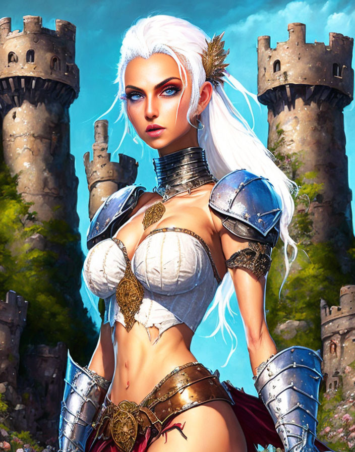 Fantasy warrior woman with white hair and silver armor in front of castle towers