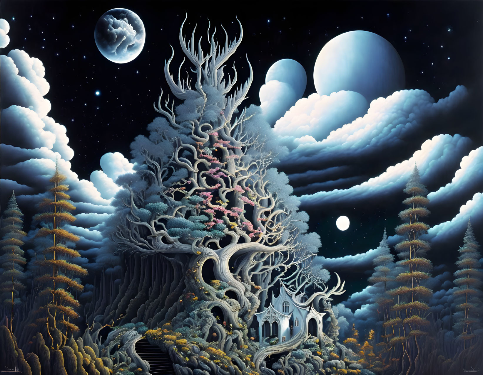 Surreal night landscape with intricate tree, house, and multiple moons