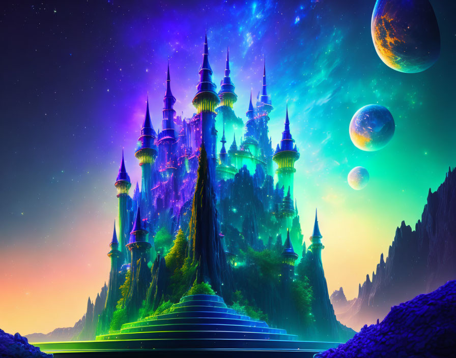 Fantasy landscape with castle on mountain under starry sky