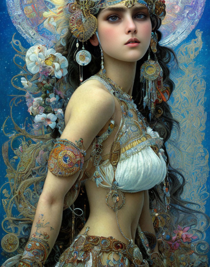 Digital painting of woman in ornate jewelry against mystical backdrop