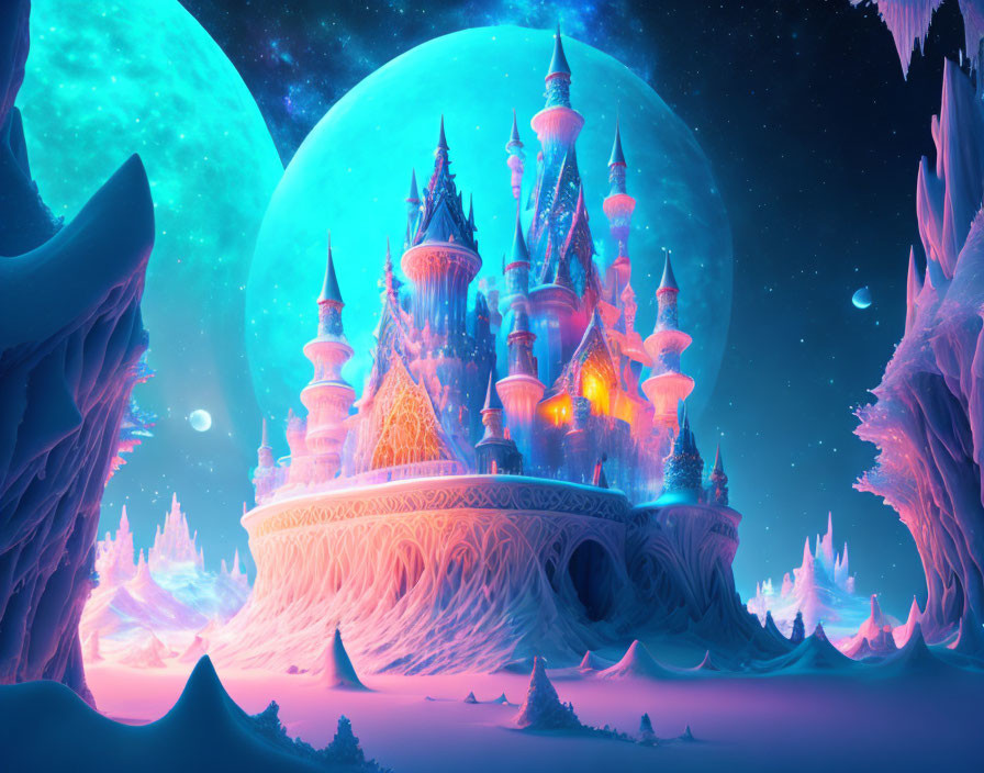 Fantastical glowing castle in bubble with moons and twilight sky