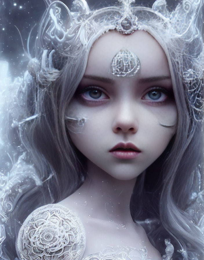 Pale ethereal figure with large purple eyes and celestial-themed white adornments