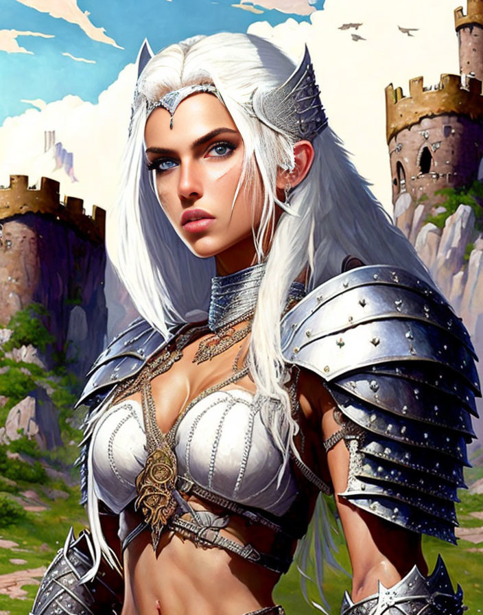 Fantasy female warrior digital art: white hair, blue eyes, silver armor, tiara, castle