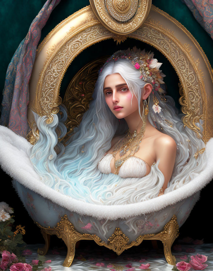 Fantasy illustration of woman in ornate bathtub with flowers and jewelry