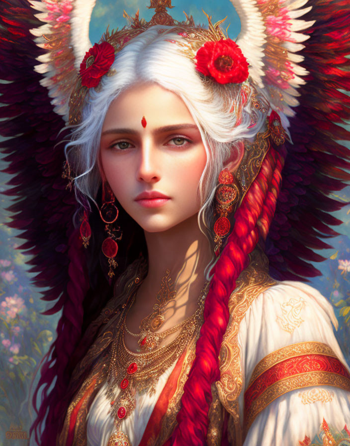 Fantasy-style portrait of woman with white hair and intricate headdress