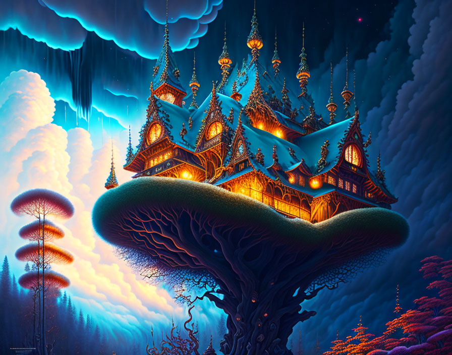 Fantastical illuminated palace on oversized tree under night sky