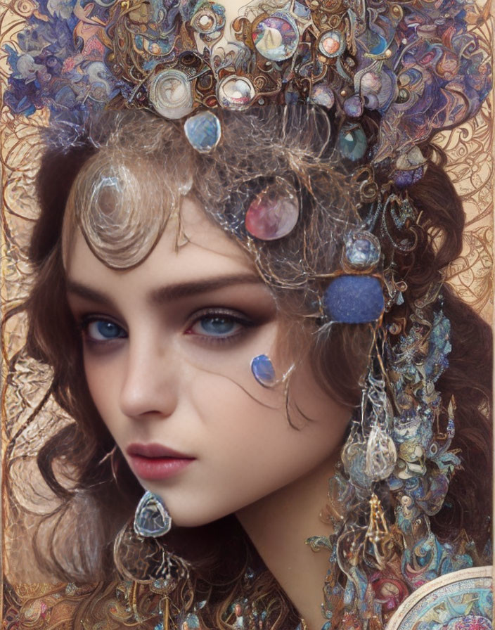 Ornate jewel-encrusted headpiece on a woman with swirling patterns and vibrant colors