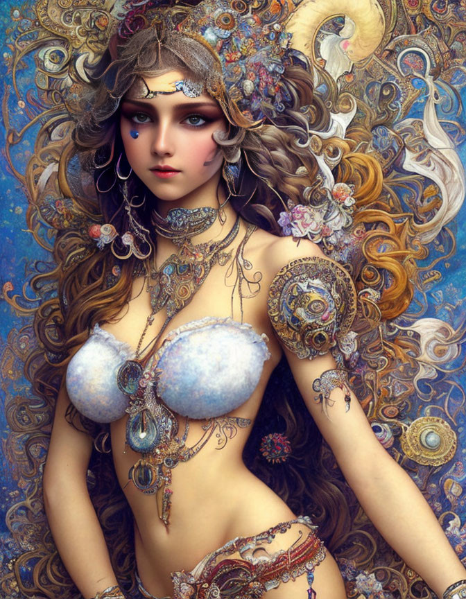 Fantasy illustration of a horned woman with ornate jewelry & flowing hair