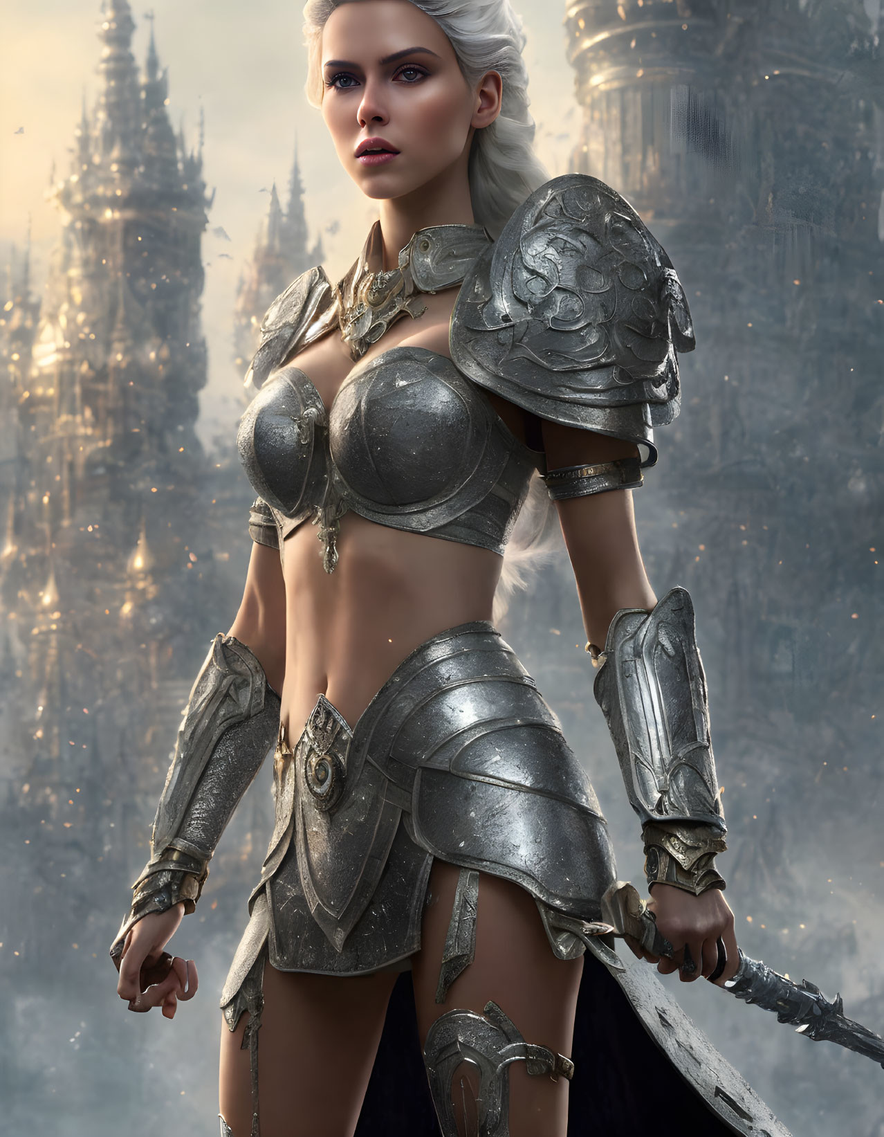 White-haired female warrior in silver armor with sword in mystical setting