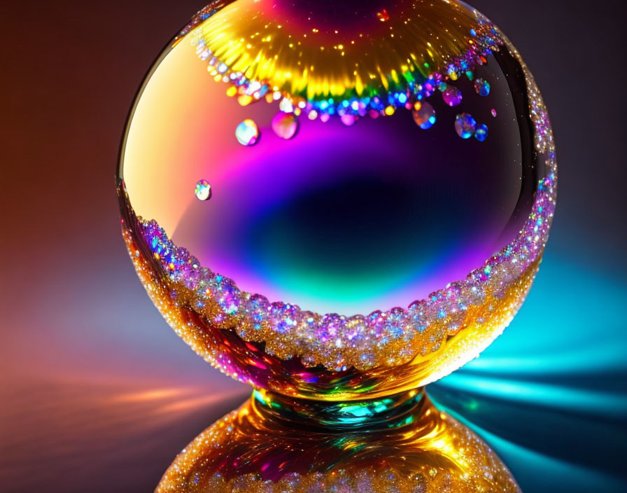 Colorful Crystal Ball Reflecting Sparkling Droplets in Dramatic Lighting