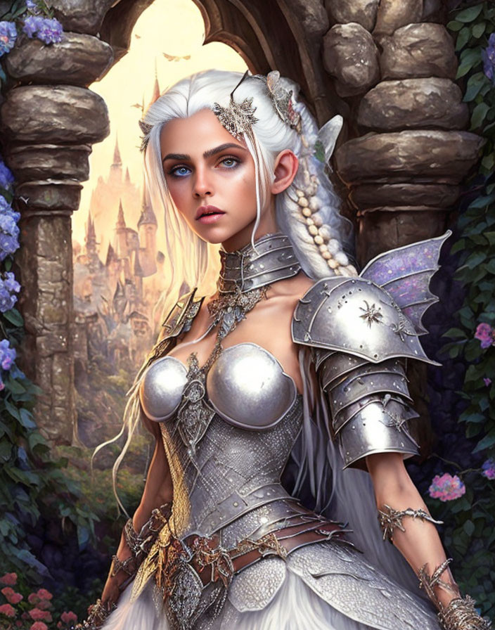 Elven warrior in silver armor and crown at castle gate with flowers