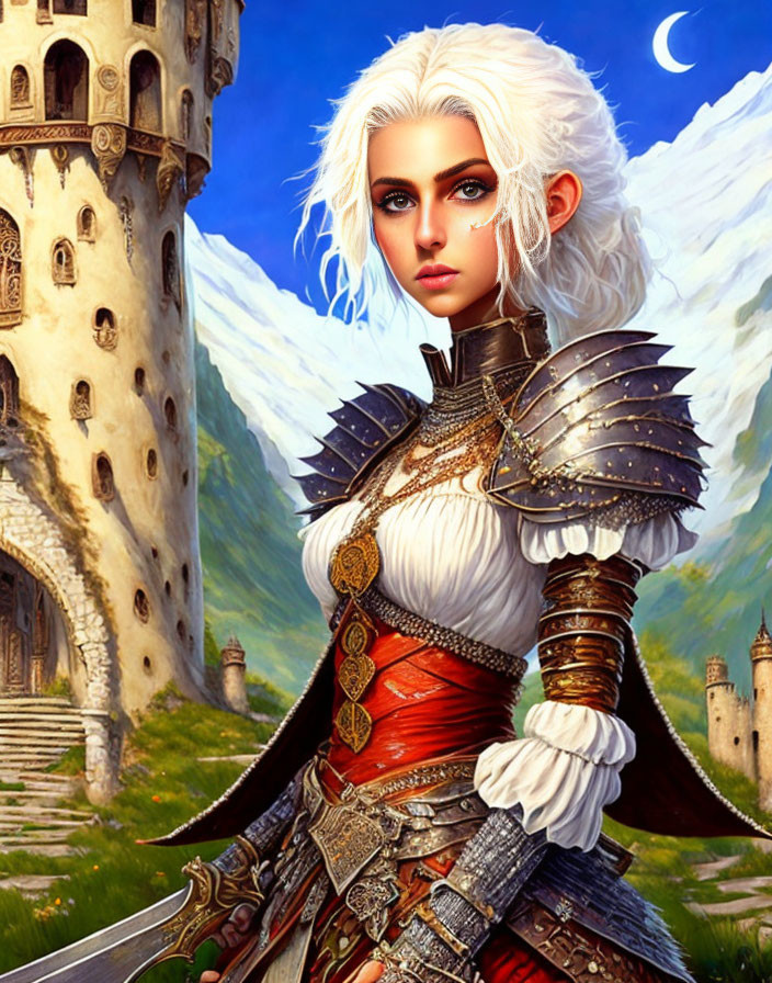 Female warrior with white hair in medieval armor, holding a sword, in front of castle and mountains