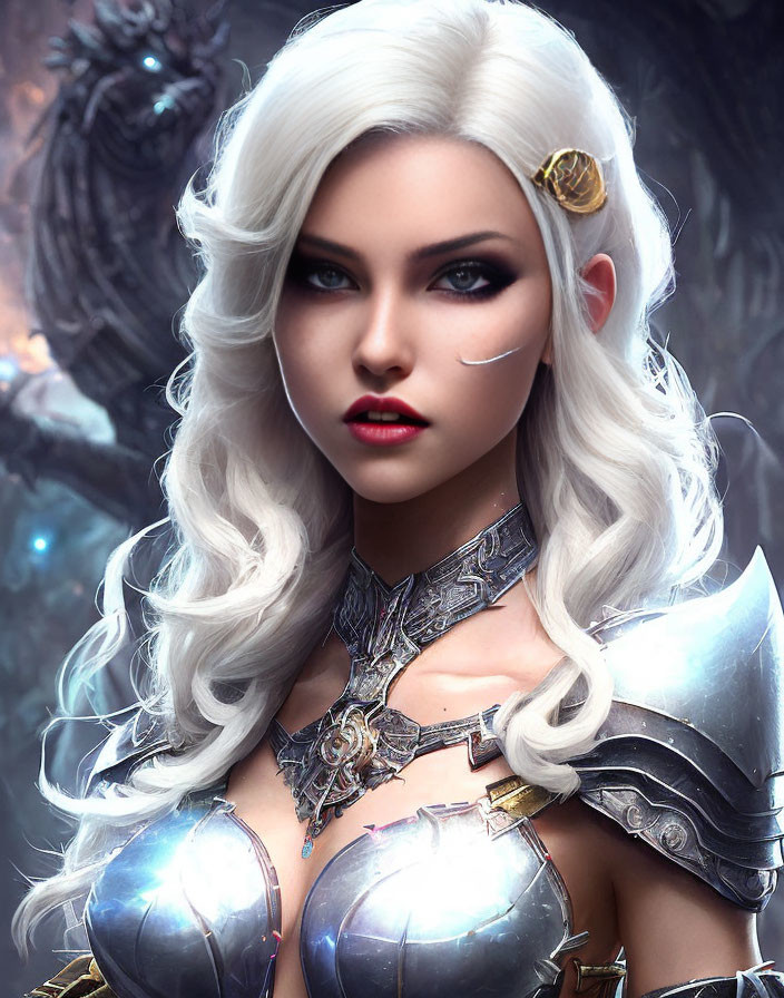 Digital artwork featuring woman with white hair, blue eyes, scar, ornate armor, and shoulder paul