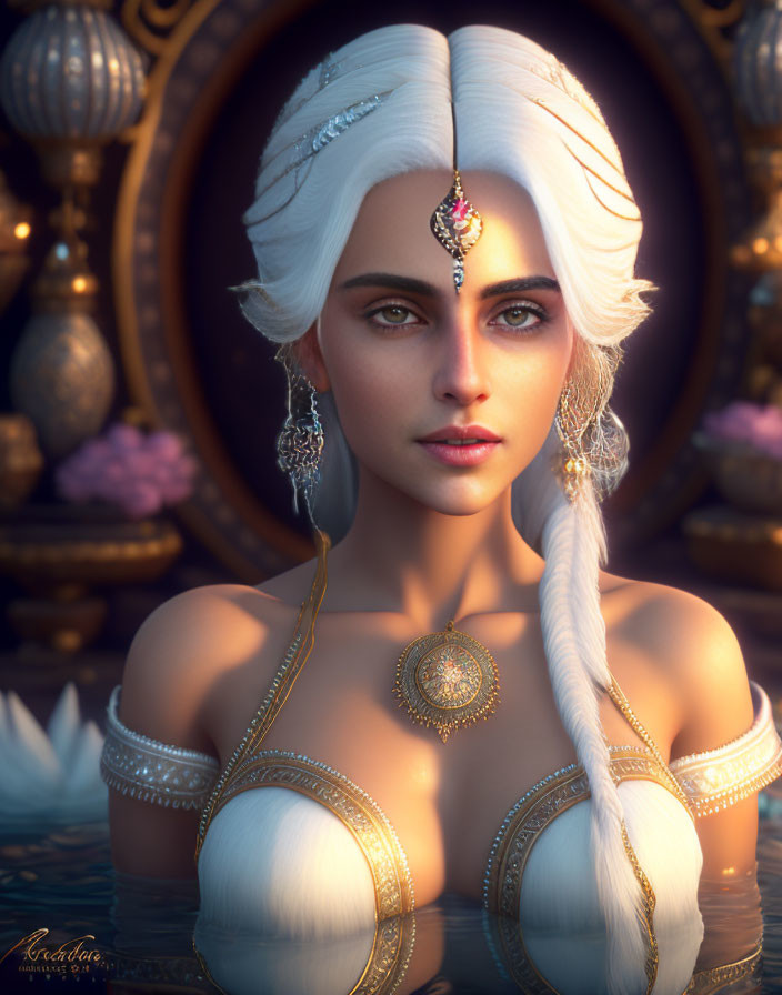 Digital portrait of woman with white hair and golden jewelry in mystical setting