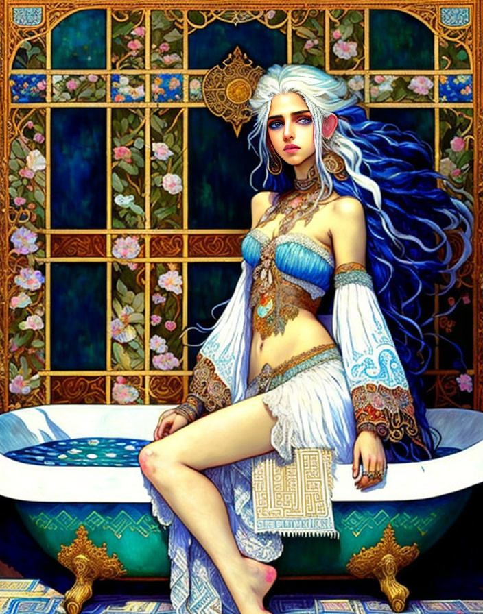 Silver-Haired Woman in Blue Attire by Floral Window: Mystical Animation