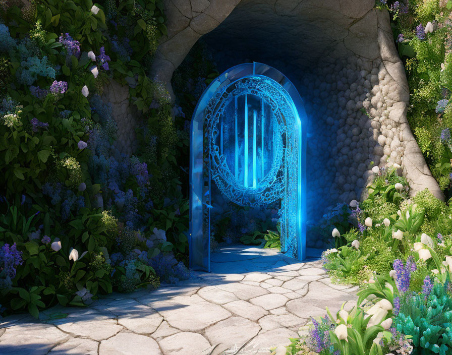 Mystical blue glowing gate in serene garden setting