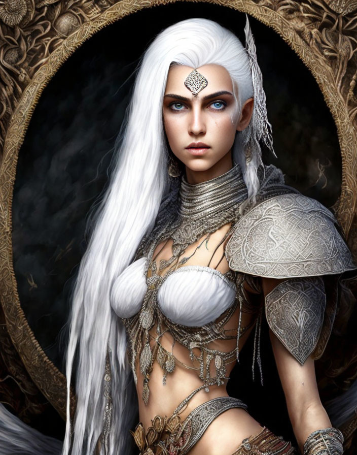 Fantasy digital artwork: Woman with white hair, blue eyes, ornate armor, and mirror