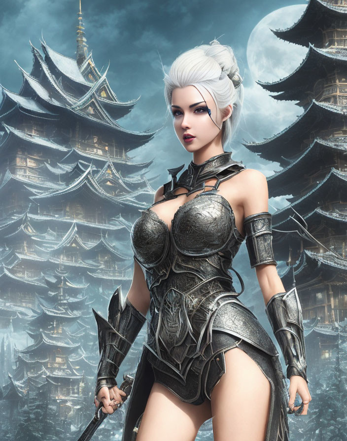 Female warrior in fantasy armor with white hair against Asian temple backdrop