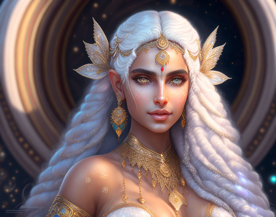 Fantasy artwork of woman with white hair and gold jewelry in celestial setting