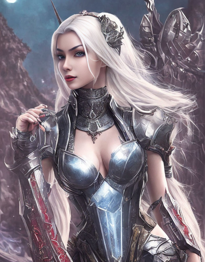 Fantasy female warrior with long white hair in silver armor and sword on misty rocky backdrop