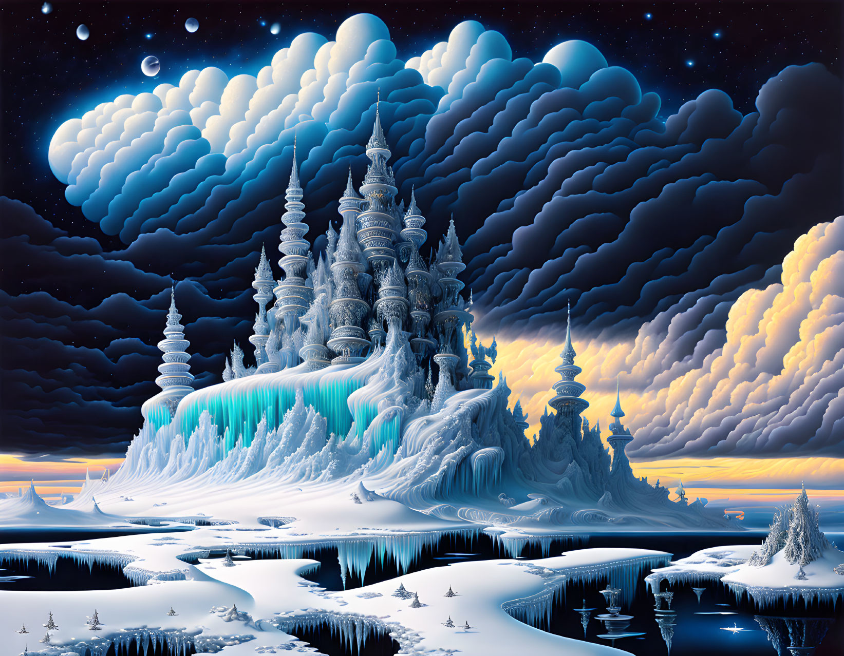 Fantasy ice castle under night sky with crescent moon and stars in snowy landscape