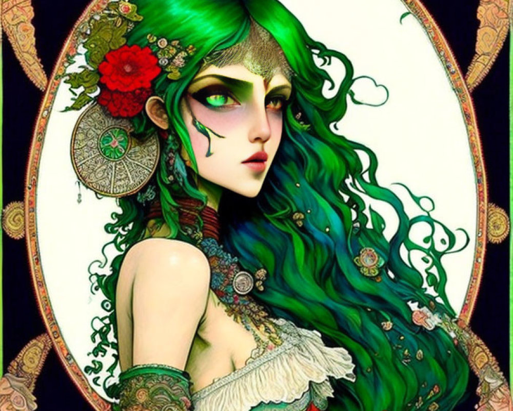 Vibrant green-haired mystical woman with floral decorations and ornate patterns