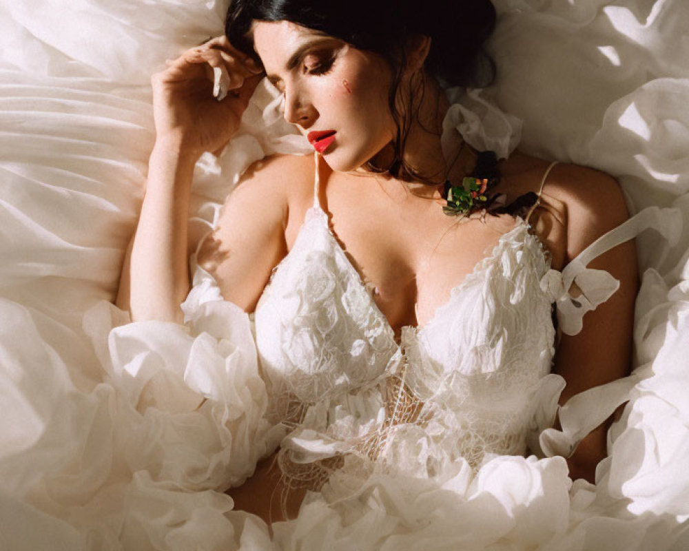 Woman in White Lace Garment Resting in Sunlit Setting