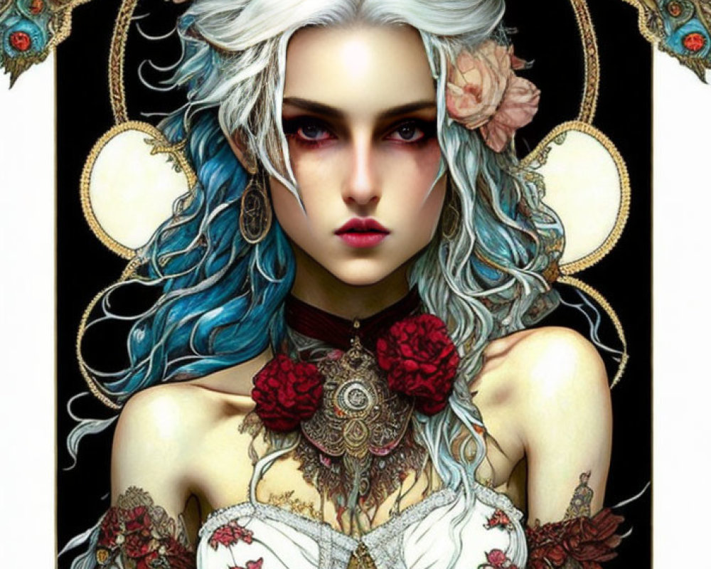 Digital Art Portrait of Female Figure with Pale Skin, Red Eyes, and Blue Hair with Flowers