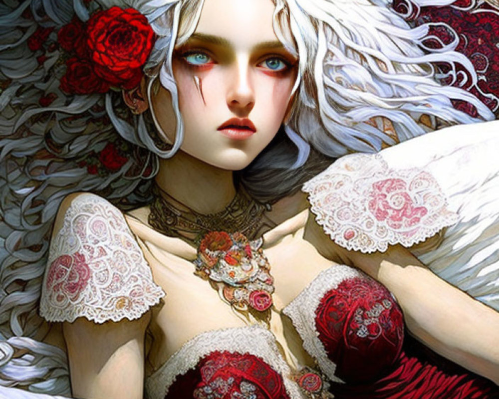 Digital artwork: Woman with blue eyes, white hair, red floral accessory, intricate dress.