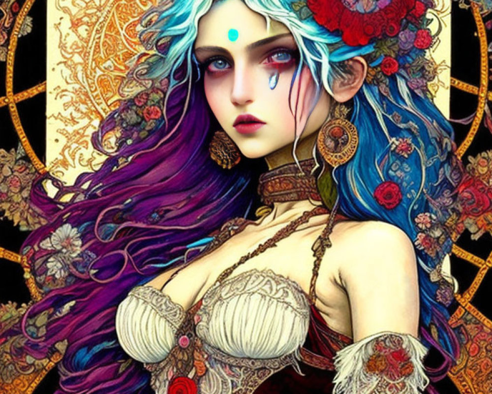 Fantasy woman with blue skin and purple hair in floral headdress on golden mandala.