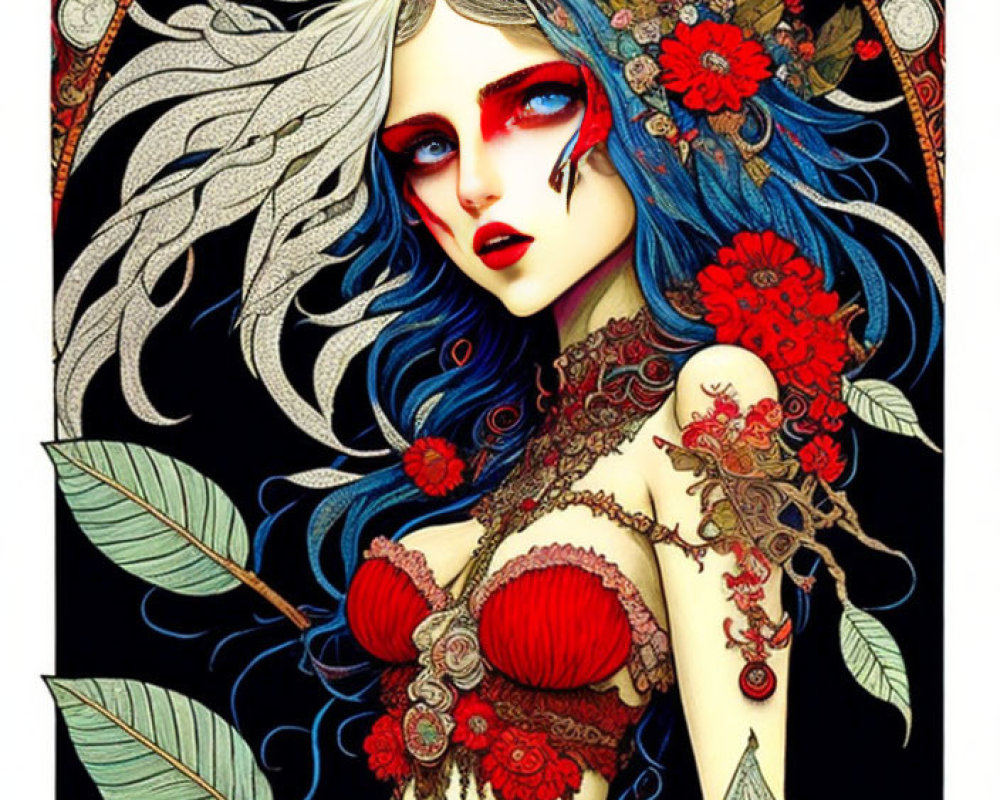 Woman with Blue Hair and Red Lips in Ornate Floral Illustration