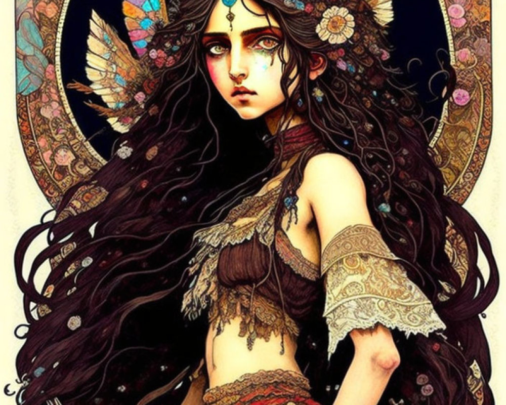 Illustration of mystical woman with dark hair, flowers, green eyes, ornate clothing, and sword