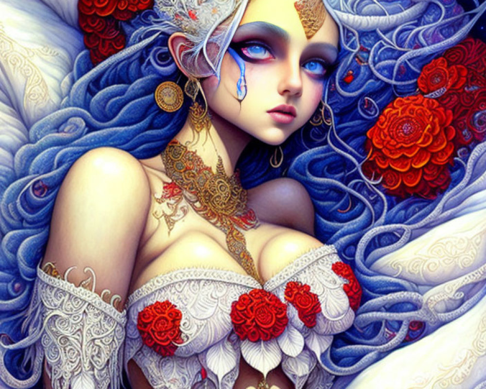 Fantasy illustration of woman with blue eyes and white-blue hair, adorned with red flowers and golden jewelry