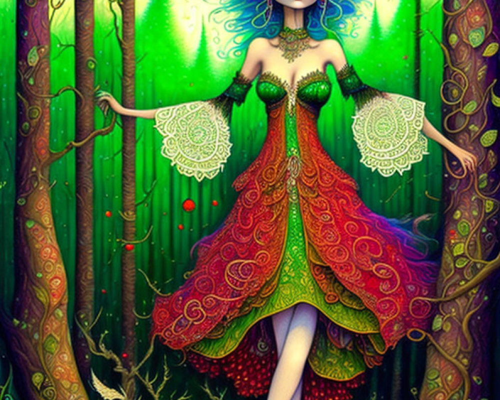 Whimsical female figure in vibrant colors in enchanted forest