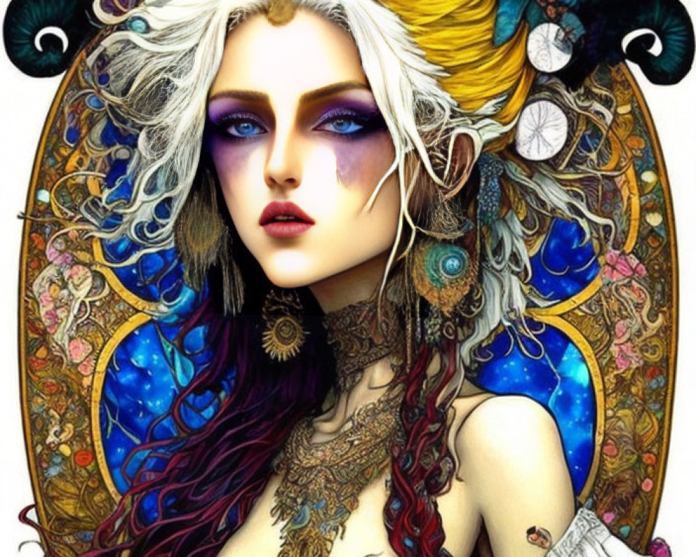 Fantasy female character with white and yellow hair, purple eyes, intricate jewelry, surrounded by floral and