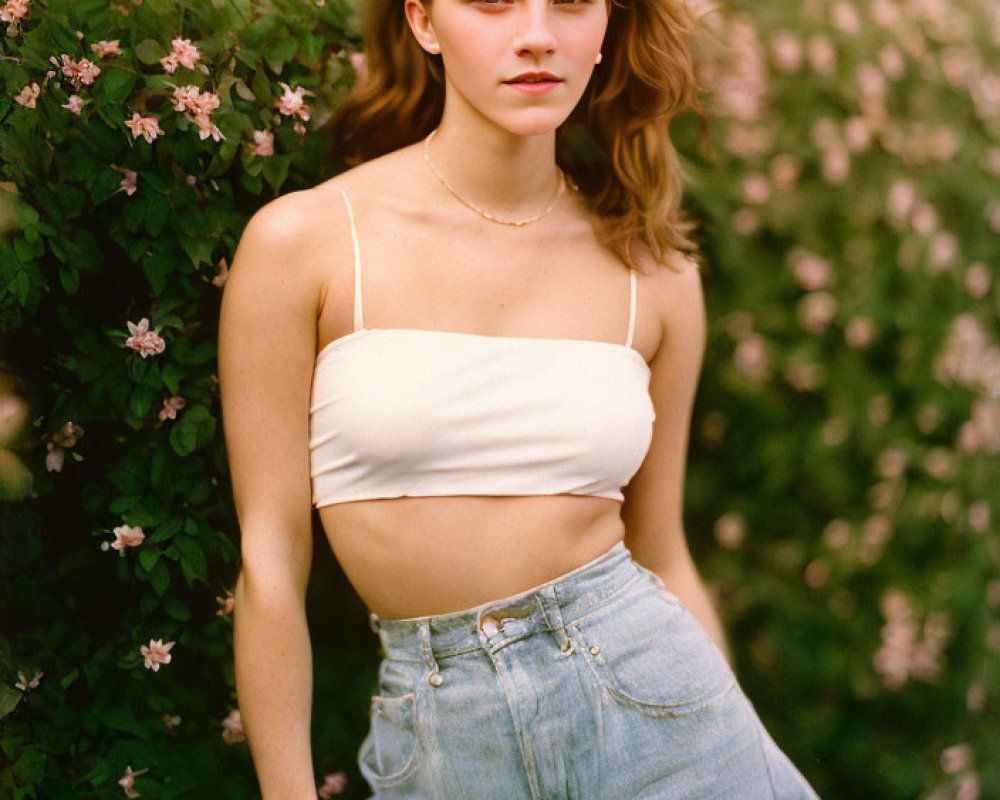 Woman in White Crop Top and Jeans Standing by Flowering Bushes