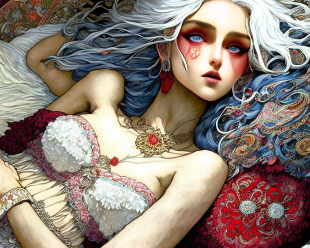 Fantastical digital artwork of a woman with pale skin, blue eyes, and silver hair.