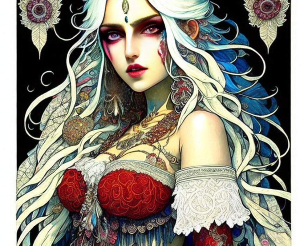 Illustrated fantasy woman with white hair, red lips, ornate jewelry, feathers, and intricate patterns