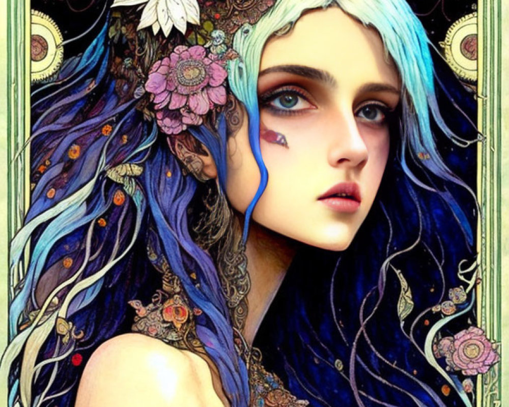 Detailed Art Nouveau Illustration of Woman with Blue Hair and Floral Adornments